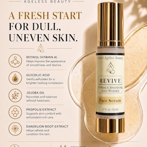 Revive anti wrinkle resurfacing face serum with retinol, glycolic acid, jojoba oil, and propolis extract for dull uneven mature skin in gold airless pump bottle