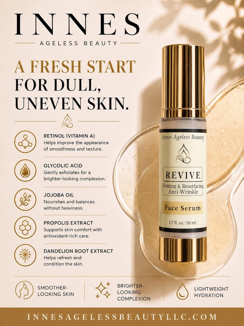 Revive anti wrinkle resurfacing face serum with retinol, glycolic acid, jojoba oil, and propolis extract for dull uneven mature skin in gold airless pump bottle