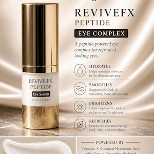 Puede incluir: Botella de sérum para ojos dorada y blanca con el texto "REVIVE-FX PEPTIDE Eye Serum" y "0.5 oz (14.79 ml)". La imagen también incluye el texto "INNES AGELESS BEAUTY" e información del producto.