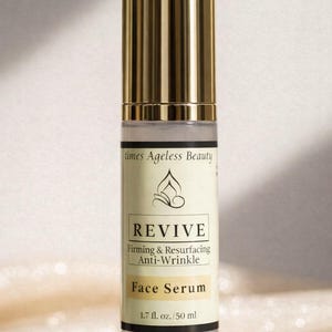 Revive firming and resurfacing anti wrinkle face serum in gold airless pump bottle for mature skin with lightweight hydration and glow focused skincare benefits