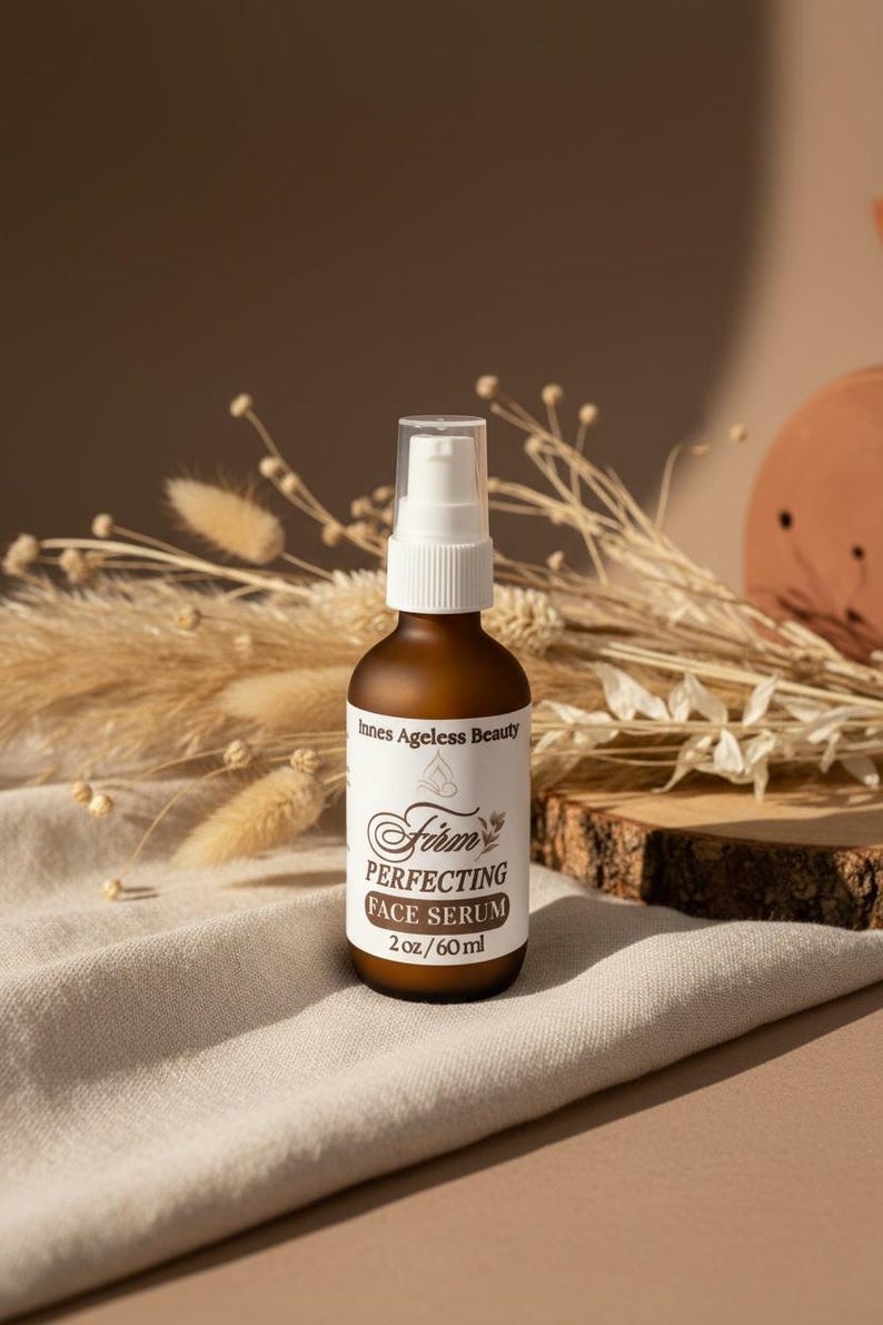 Pu&ograve; includere: Una bottiglia di vetro marrone di Firm Perfecting Face Serum con un dosatore a pompa bianco. L'etichetta recita "Innes Ageless Beauty" e "2 oz/60 ml". La bottiglia &egrave; appoggiata su un panno colorato neutro con piante secche sullo sfondo.