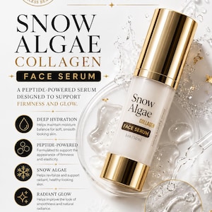 "Innes Ageless Beauty Snow Algae Collagen Face Serum. A 1 oz peptide-powered hydrating face serum designed to support skin firmness, elasticity, and a radiant glow."