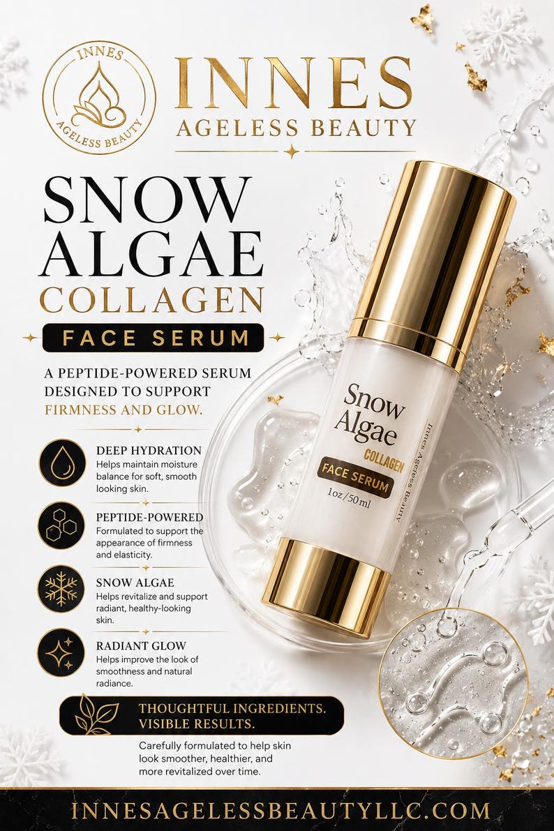 "Innes Ageless Beauty Snow Algae Collagen Face Serum. A 1 oz peptide-powered hydrating face serum designed to support skin firmness, elasticity, and a radiant glow."