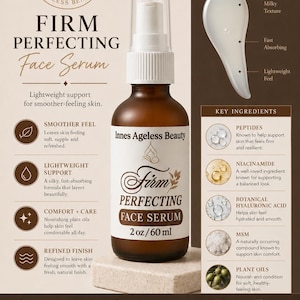 Pu&ograve; includere: Flacone marrone di siero viso Firm Perfecting di Innes Ageless Beauty, 60 ml. Contiene peptidi, niacinamide e acido ialuronico. Promette una sensazione pi&ugrave; liscia e un supporto leggero.