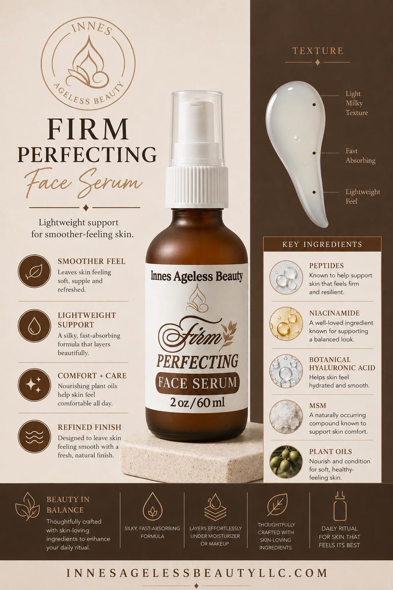 Pu&ograve; includere: Flacone marrone di siero viso Firm Perfecting di Innes Ageless Beauty, 60 ml. Contiene peptidi, niacinamide e acido ialuronico. Promette una sensazione pi&ugrave; liscia e un supporto leggero.