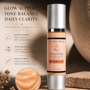 May include: A skincare product bottle with a silver cap and a peach-colored serum. The label reads "TONE & GLOW Radiance Face Serum" by Innes Ageless Beauty. The bottle contains 1.7 fl oz (50 ml). The image also includes text about glow support, tone balance, and daily clarity.
