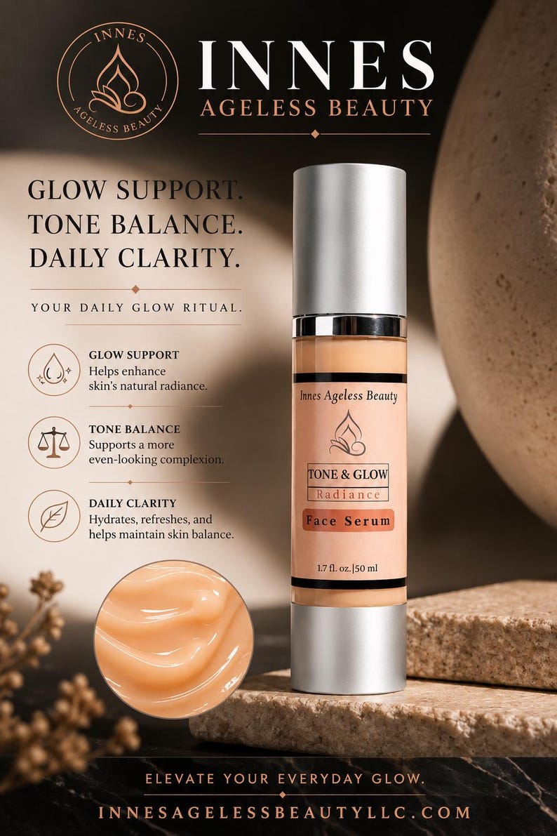 May include: A skincare product bottle with a silver cap and a peach-colored serum. The label reads "TONE & GLOW Radiance Face Serum" by Innes Ageless Beauty. The bottle contains 1.7 fl oz (50 ml). The image also includes text about glow support, tone balance, and daily clarity.