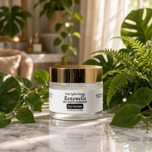 May include: A clear glass jar of Innes Ageles Beauty Renewelle Multi-Acid Eye Rejuvenator eye serum with a reflective gold lid. The white label features black text and states 0.5 oz (14.79 ml) volume. The jar sits on a white marble surface.