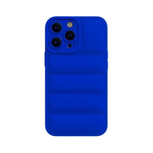 May include: A bright blue phone case featuring a quilted pattern. The case has a camera aperture with three lenses and a flash. The case is made of a soft, flexible material and is designed to protect the phone from damage.