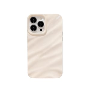 May include: A cream-colored phone case with a swirled pattern. The case has a camera cutout with three lenses and a flash. The case is designed to fit a smartphone and protect it from damage.
