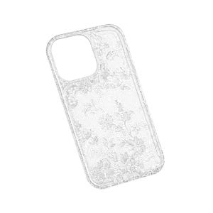 May include: Transparent phone case featuring a white lace floral design. The case has a rectangular form with rounded edges and a camera aperture. The lace pattern is visible across the case, providing an elegant aesthetic.