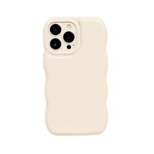 May include: A cream-colored phone case with a wavy, textured design. The case has a camera cutout with three lenses and a flash. The phone case is made of a smooth, glossy material.