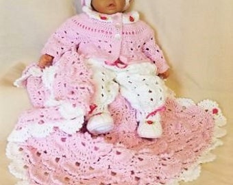 Custom Order for YOUR BABY! Handmade Baby Shower, Christening Newborn Baby Crochet Blanket, Cardigan, Overall, Booties, Hat set.