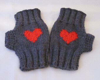 Hand-knitted Fingerless Gloves Mittens Arm Warmers with Hearts ornamen. Valentines Day Gift. Gift Ideas. Great gift for a someone special.