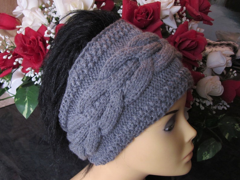 Hand Knitted Grey Head Band with Beautiful Ornament image 1