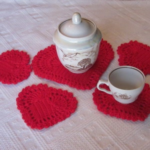 Red Hearts Crochet Coasters Set. Great gift for a someone special. Valentines Day Gift. image 3