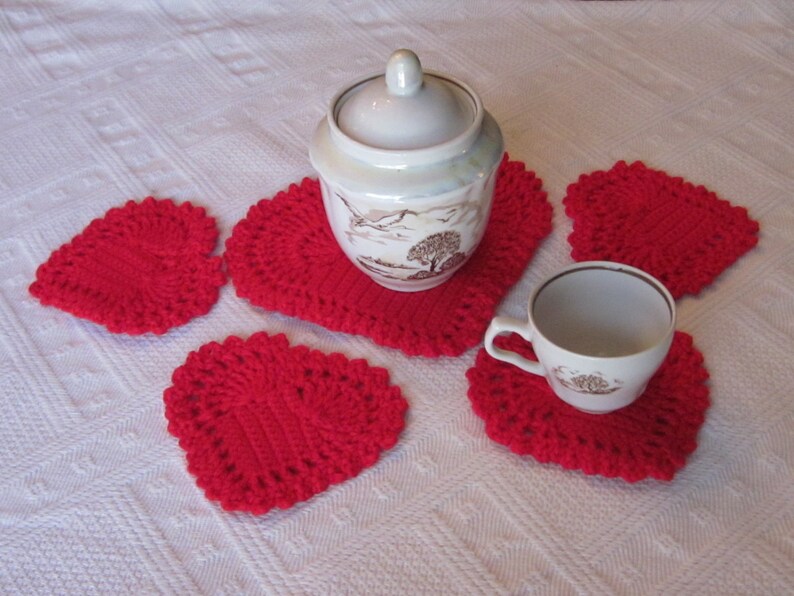 Red Hearts Crochet Coasters Set. Great gift for a someone special. Valentines Day Gift. image 3