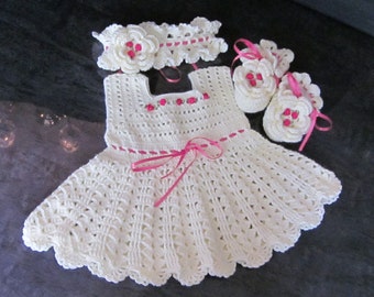 Custom order!!!  Handmade Baby Girl Crochet Dress, Head Band, and Booties Set with Beautiful Flowers