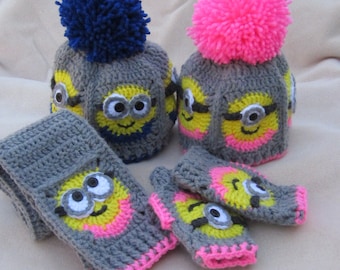 Custom Order! Handmade Crochet Minion Hat, Scarf, and Fingerless glove inspired set, Beanie With Big Pom Pom Crochet Granny Square Hat