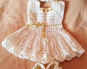 Custom order! Handmade Baby Girl Crochet Dress, Head Band, and Booties Set with Beautiful Flowers