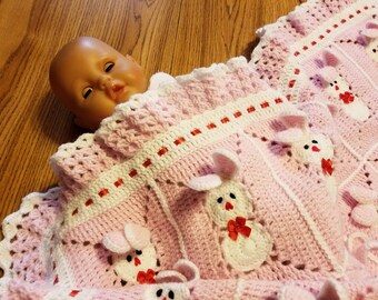 CUSTOM ORDER for Your BABY! Crochet Pink Baby Blanket with bunny, rabbits for little girl / Easter Bunny.