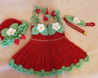 Custom order! Handmade Baby Girl Crochet Dress, Headband and Hat Set With strawberry decoration (3-12 month)