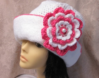 White Crochet Hat with Beautiful Flower