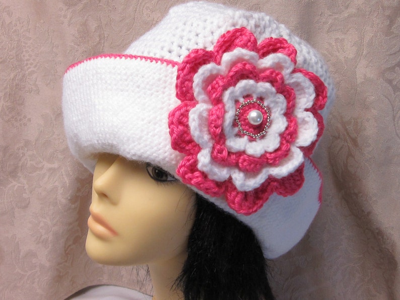 White Crochet Hat with Beautiful Flower image 1