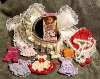 Little Doll with several Outfits and Moses Basket, Best Gift, Dress up Doll, Changeable colorful Clothes, Toy, Fashion Doll