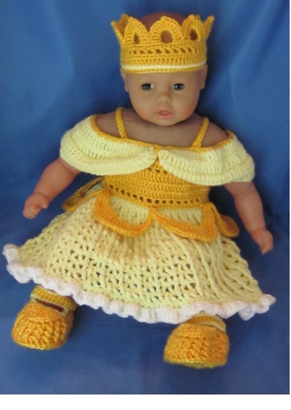 Crochet Disney's Belle from Beauty and the Beast inspired princess Set. Handmade Baby Girl Dress, Crown and Booties Set. Size- 0-6 mnts