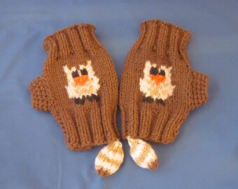 Hand-knitted Fingerless Gloves Mittens Arm Warmers, Knitted Fingerless Owl Gloves, Gift Ideas, Mittens with Owl tail, Owl gloves