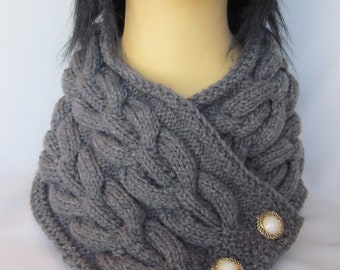 MADE TO ORDER. Hand-knitted Grey Scarf / Neck Warmer / Wrap / Cowl with Beautiful Ornament