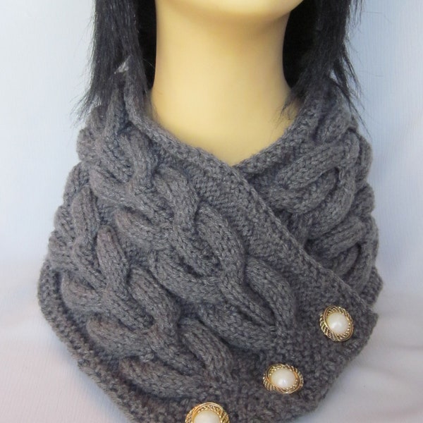 MADE TO ORDER. Hand-knitted Grey Scarf / Neck Warmer / Wrap / Cowl with Beautiful Ornament