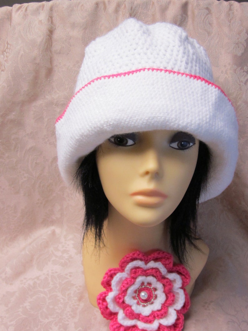 White Crochet Hat with Beautiful Flower image 5