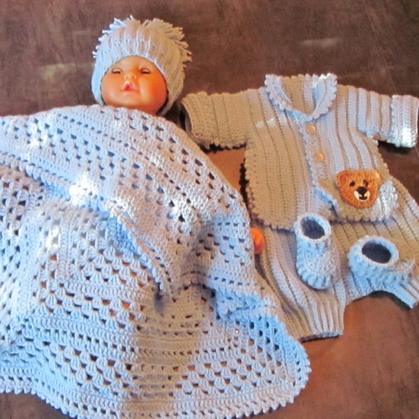 Handgefertigte Baby-Dusche, Taufe von Neugeborenen Babydecke häkeln, Hut, Strickjacke, Hose, Booties festgelegt. Perfekte Dusche Geschenk oder Take-Home-Outfit