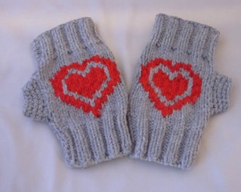 Hand-knitted Fingerless Gloves Mittens Arm Warmers with Hearts ornamen. Valentines Day Gift. Gift Ideas. Great gift for a someone special.