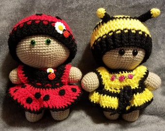 Custom order! Crochet Cuddly Amigurumi Baby Doll with Bee or Ladybug dress, Super cute, Soft Toy, Waldorf Doll, Stuffed Doll, Rag Doll