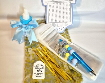 Baby Boy Shower Favor Gift Bags Set of 10, Beaded Pen & Keychain Party Favors, Candy Bottle and Game Card, Handmade Baby Shower Guest Gifts