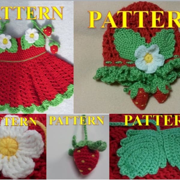 FIVE CROCHET PATTERNS for Baby Girl. Crochet Dress and Hat Set With strawberry decoration (3-12 month)