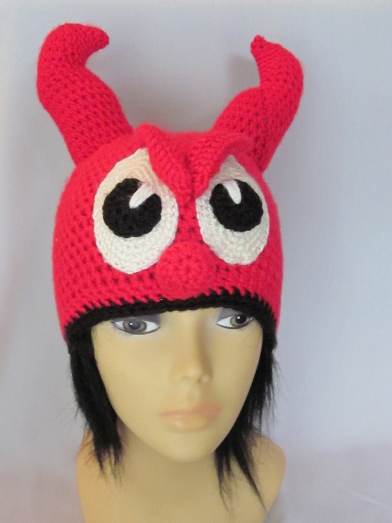 Crochet Devil Hat With Horns Earflap Hat Crochet Beanie Etsy