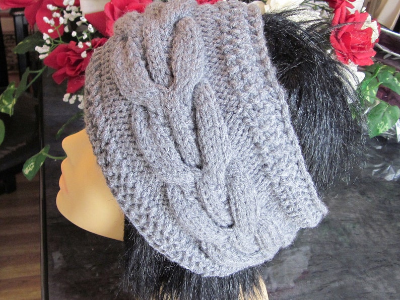 Hand Knitted Grey Head Band with Beautiful Ornament image 4