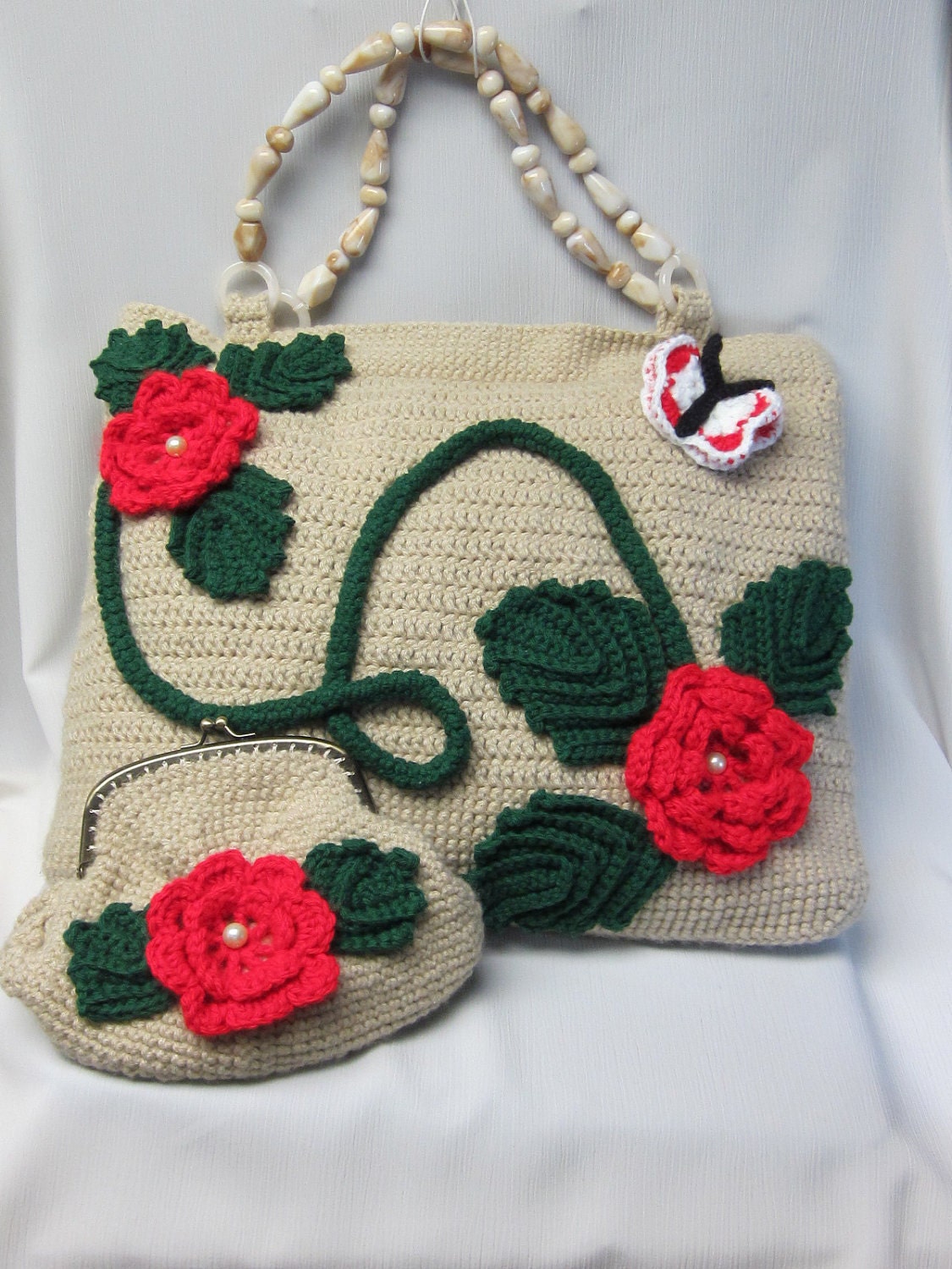 Matching Set of Crochet Handbag With Beautiful Flowers and Supercute