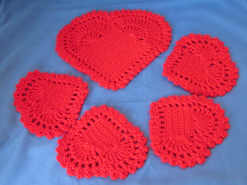 Red Hearts Crochet Coasters Set. Great gift for a someone special. Valentines Day Gift. image 2