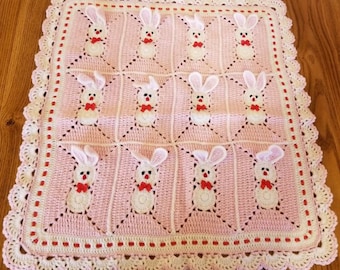 Custom order! Crochet Pink Baby Blanket with bunny, rabbits for little girl / Easter Bunny.