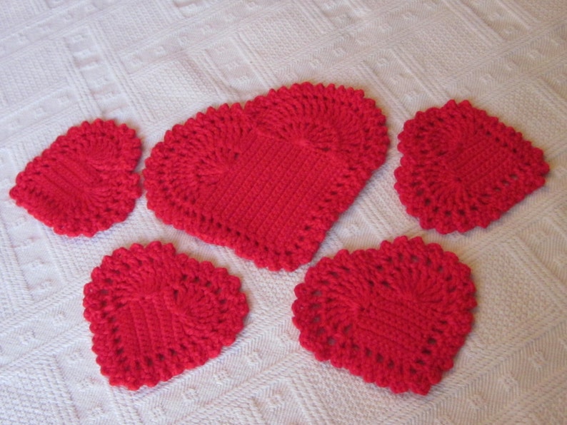 Red Hearts Crochet Coasters Set. Great gift for a someone special. Valentines Day Gift. image 1