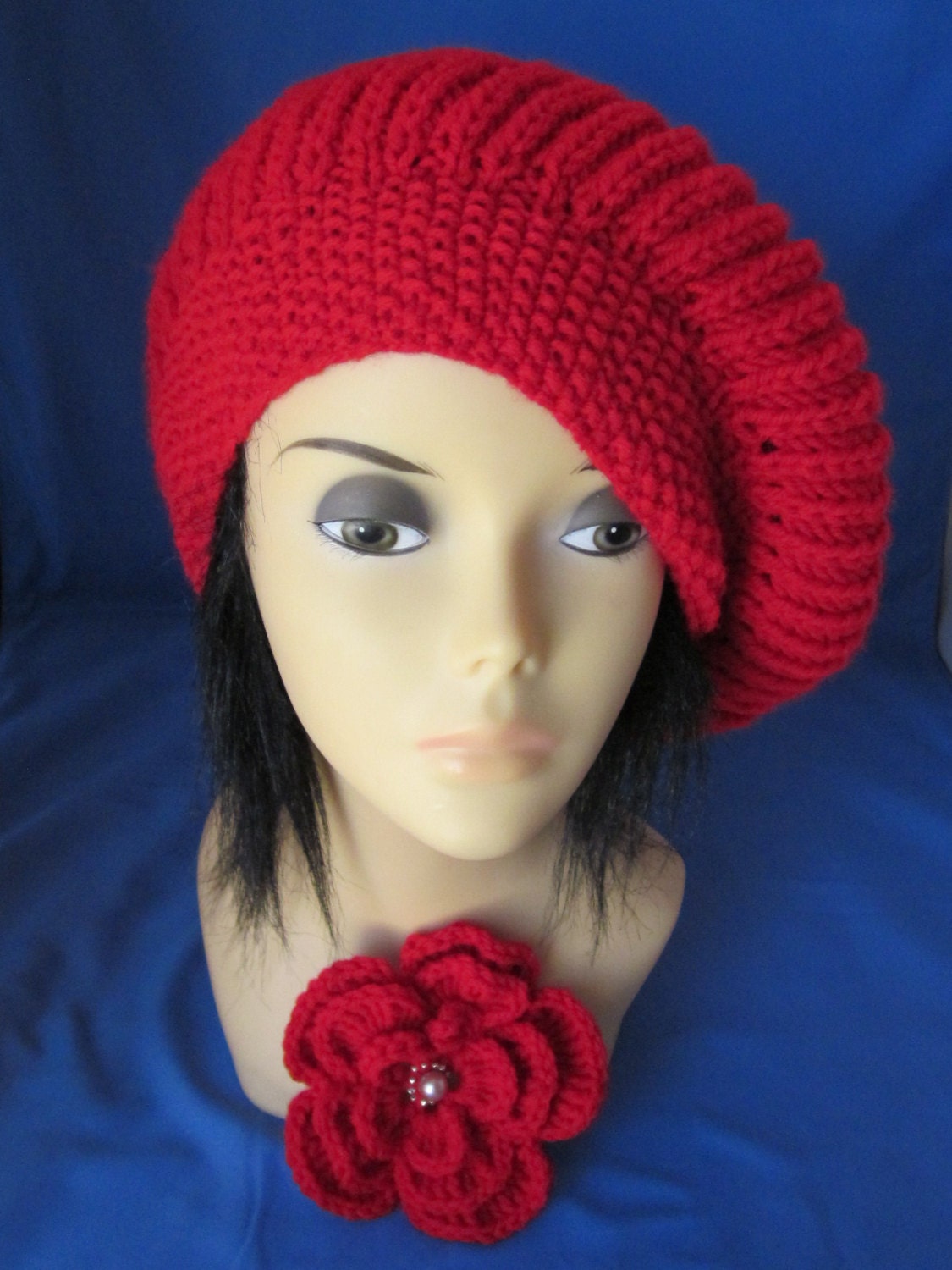 Handknitted Red Beret, Hat With Beautiful Flower. Great Gift for a