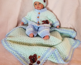 Teddy Bear Handmade Baby Shower, Christening Baby Crochet Blanket, Cardigan, Overall, Hat set. Perfect Shower Gift . (0-9 month)