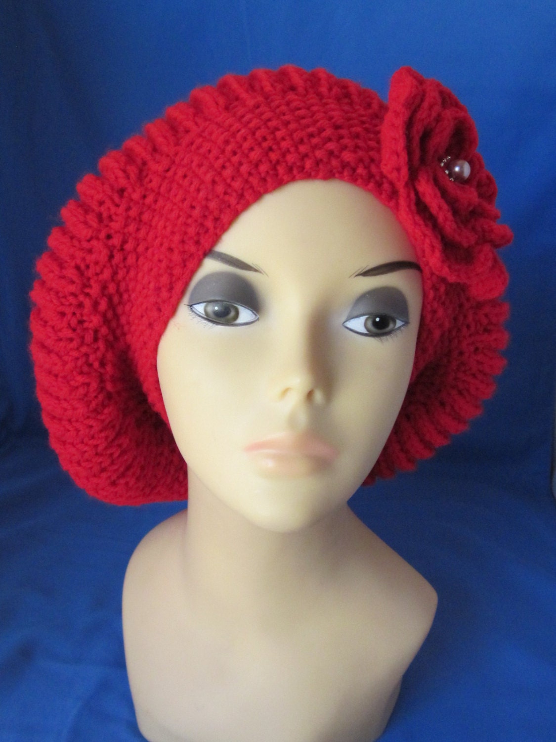 Handknitted Red Beret, Hat With Beautiful Flower. Great Gift for a