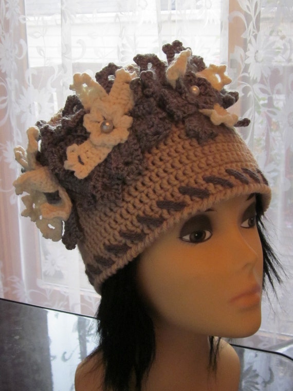 Brown Crochet Hat with Lace Detail Vintage Handmade Crochet Feathers And Lace Hat Brown Women main image 2