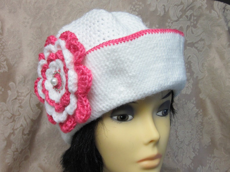 White Crochet Hat with Beautiful Flower image 3